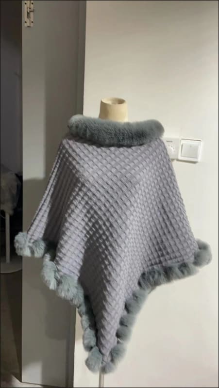 Faux Fur Collar Luxury Shawl Cape Poncho Wrap Gray