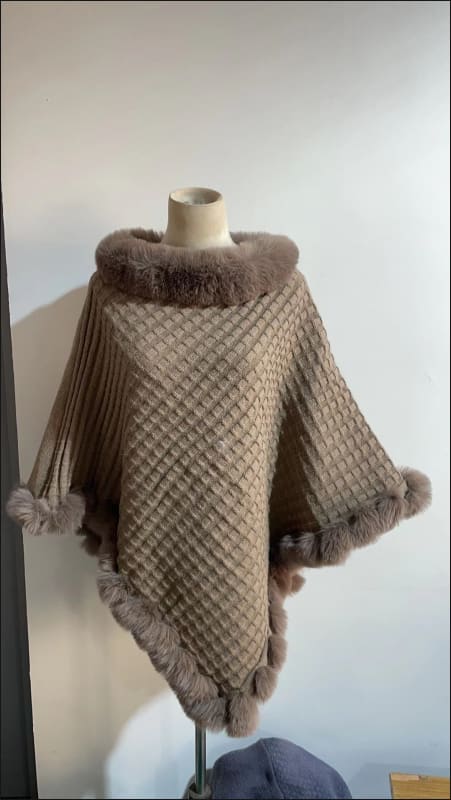 Faux Fur Collar Luxury Shawl Cape Poncho Wrap Khaki