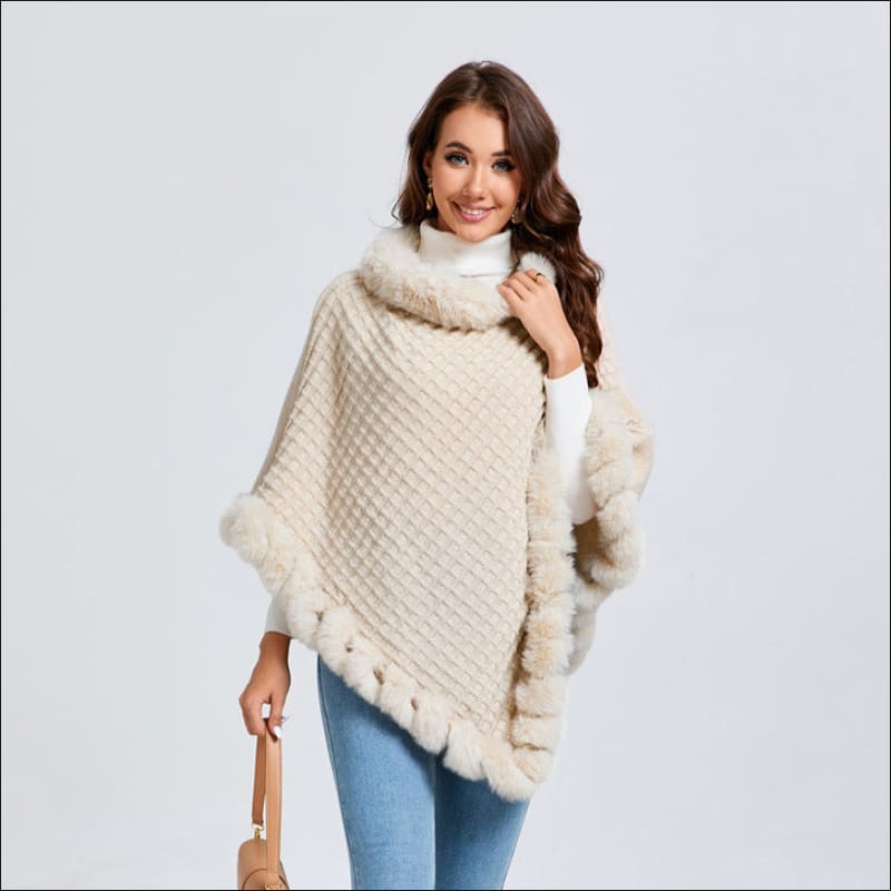 Faux Fur Collar Luxury Shawl Cape Poncho Wrap