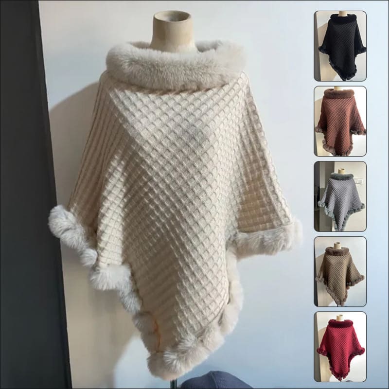 Faux Fur Collar Luxury Shawl Cape Poncho Wrap