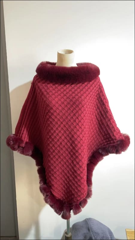 Faux Fur Collar Luxury Shawl Cape Poncho Wrap Wine Red