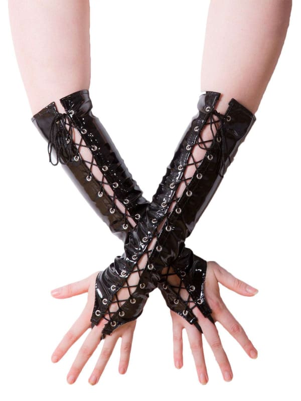 Black leather fingerless gloves with lace-up detailing extending up the forearms.