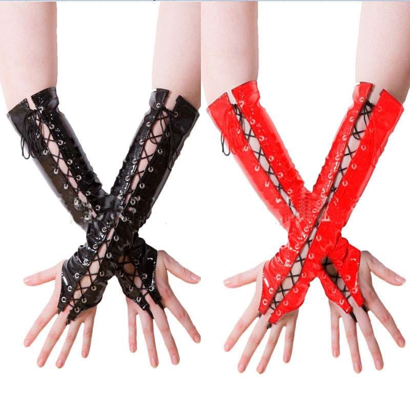 Lace-up fingerless gloves in black and red colors.