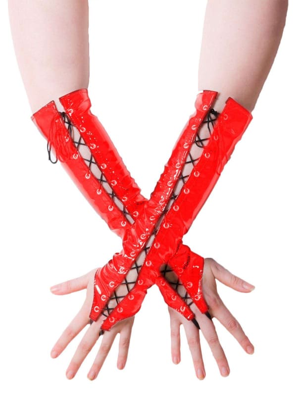 Bright red fingerless gloves with lace-up detailing along the sides.