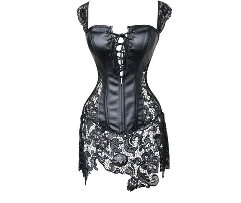 Faux Leather, Lace Up Cutout Corset, With Lace Detailing - Pleasures and Sins   Pleasures and Sins