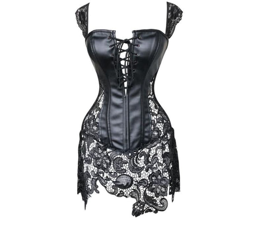 Faux Leather Cutout Ribbon Corset - Pleasures and Sins