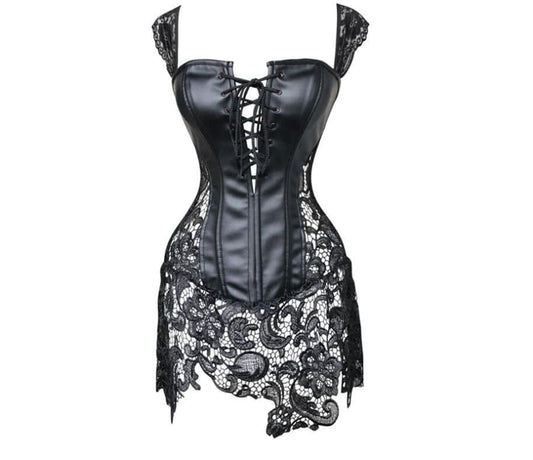 Faux Leather Cutout Ribbon Corset with Lace Detailing Black