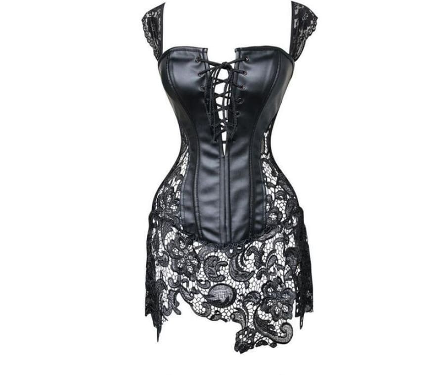 Faux Leather Cutout Ribbon Corset with Lace Detailing