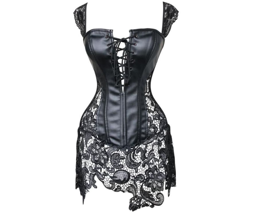 Faux Leather Cutout Ribbon Corset with Lace Detailing