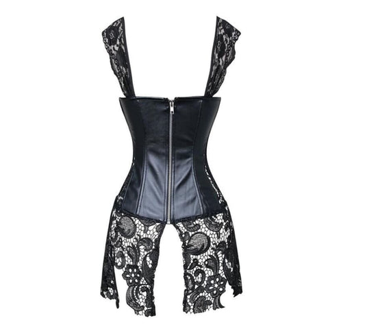 Black leather and lace corset with attached garter skirt.