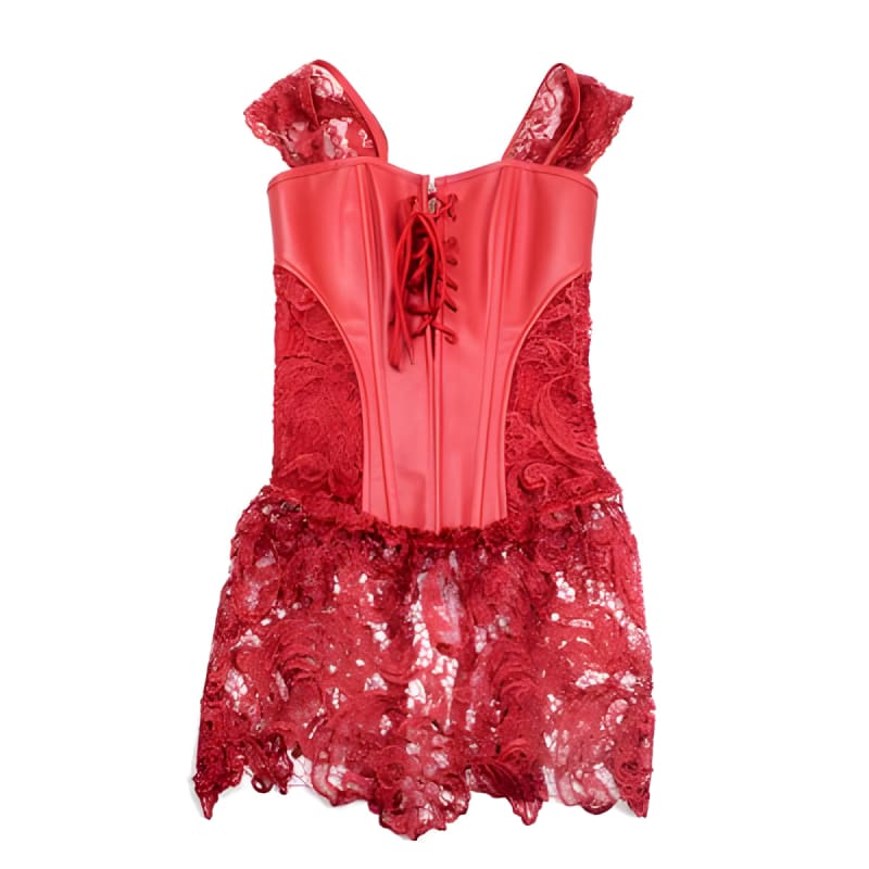 Faux Leather Cutout Ribbon Corset with Lace Detailing Red