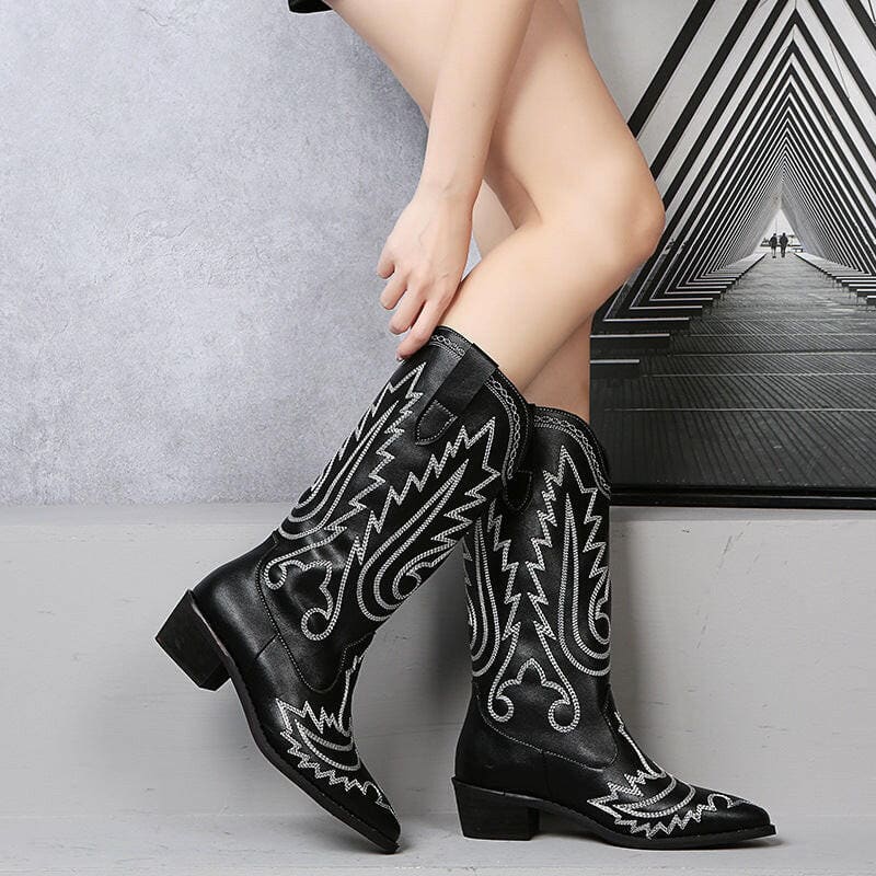 Faux Suede Embroidered Short Womens Western Boots Black / 35