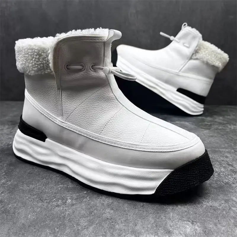 Trendy white leather mens high-top platform shoes with plush sherpa collar and thick sole.