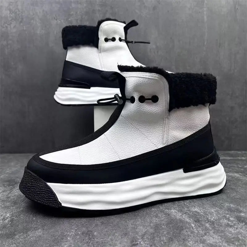 Black and white high-top platform shoes with chunky sole and toggle closure for men.