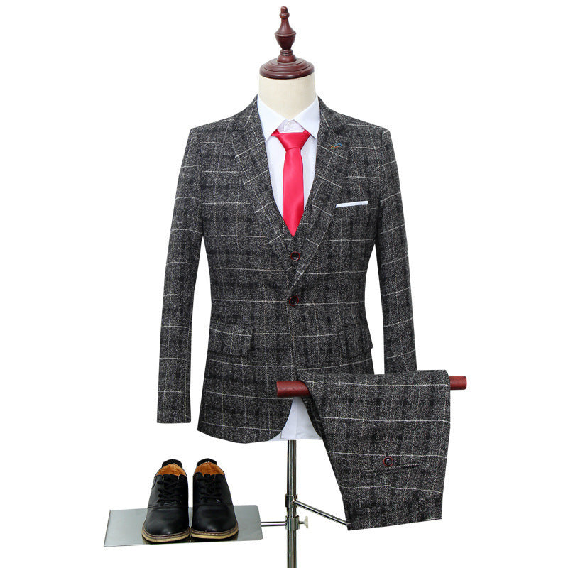 Men's Three-piece Slim-fitting English Style Checked Suit