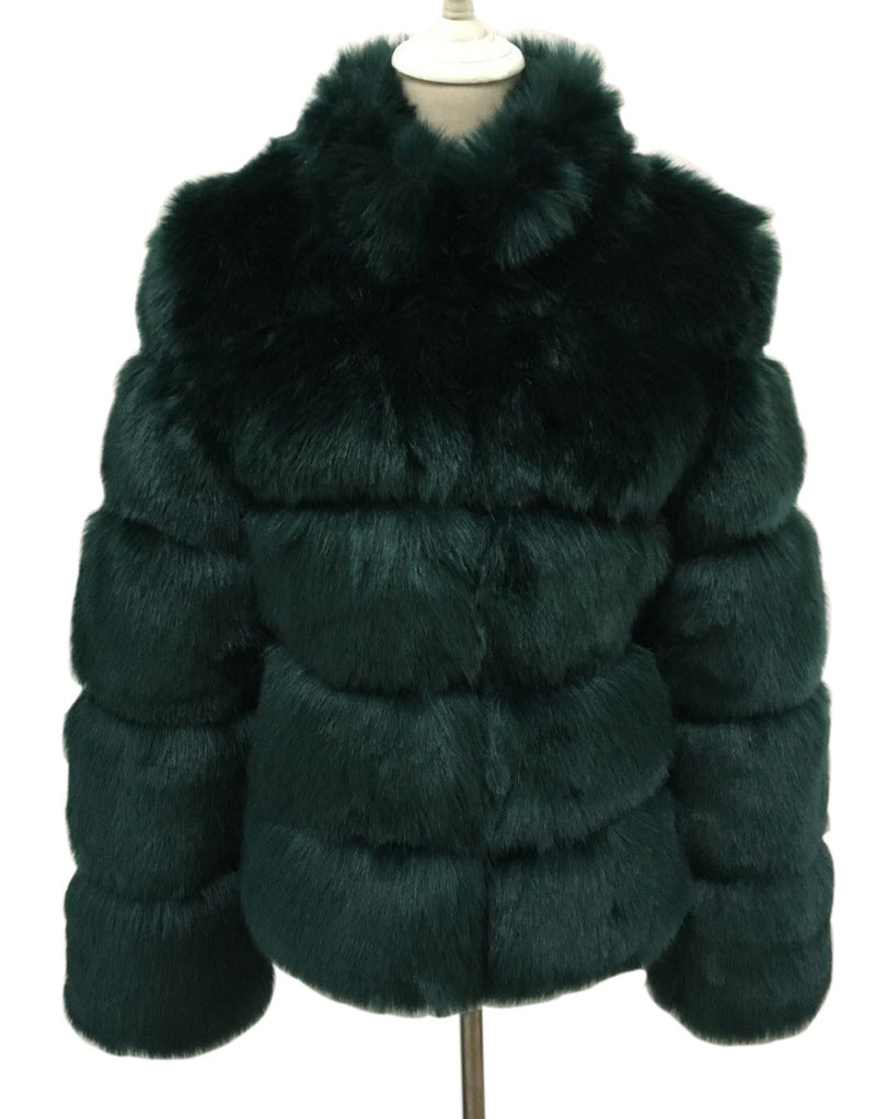 Faux Fox Fur Ladies Slimming and Stand Collar Coat