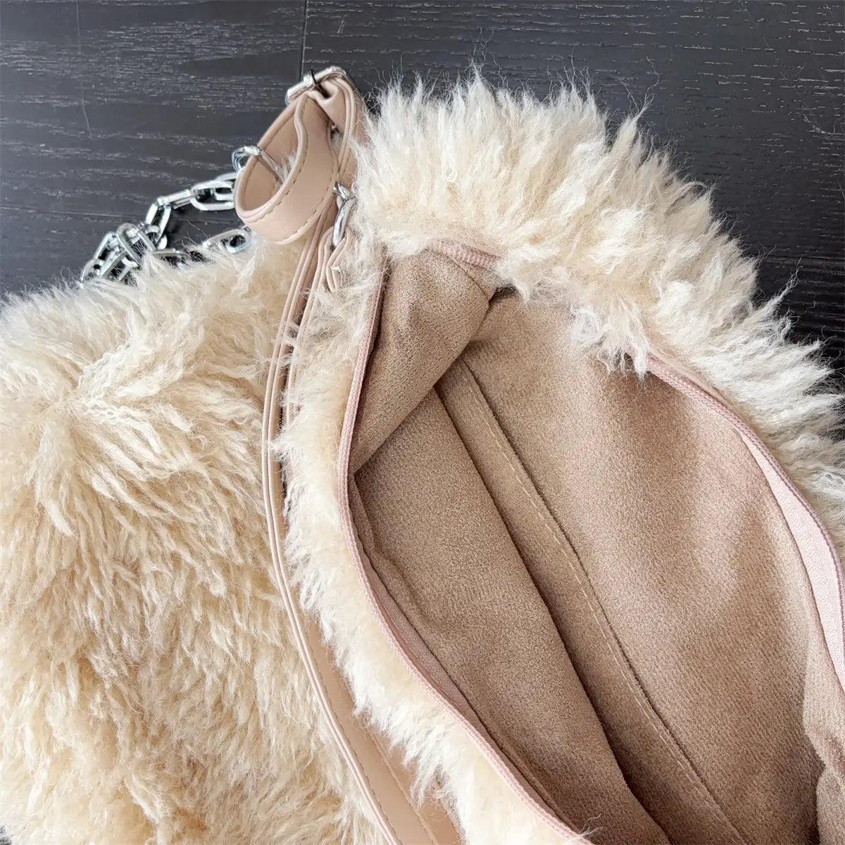 Beige suede ballet flats with white fur trim paired with Plush Large Capacity Shoulder Bag.