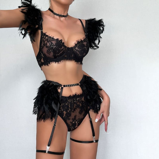 Feather Sexy Lingerie Lace Women Underwear Bra Panty Set - Pleasures and Sins