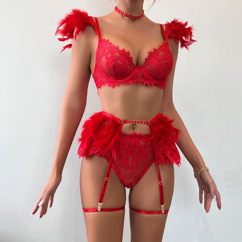 Feather And Lace Underwear Set | Elegant Lingerie - Bra Panty Set - Pleasures and Sins   Pleasures and Sins