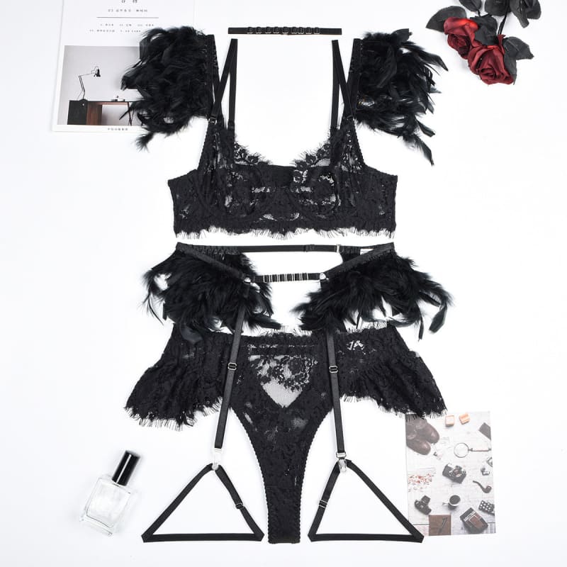 Feather And Lace Underwear Set | Elegant Lingerie - Bra Panty Set - Pleasures and Sins   Pleasures and Sins