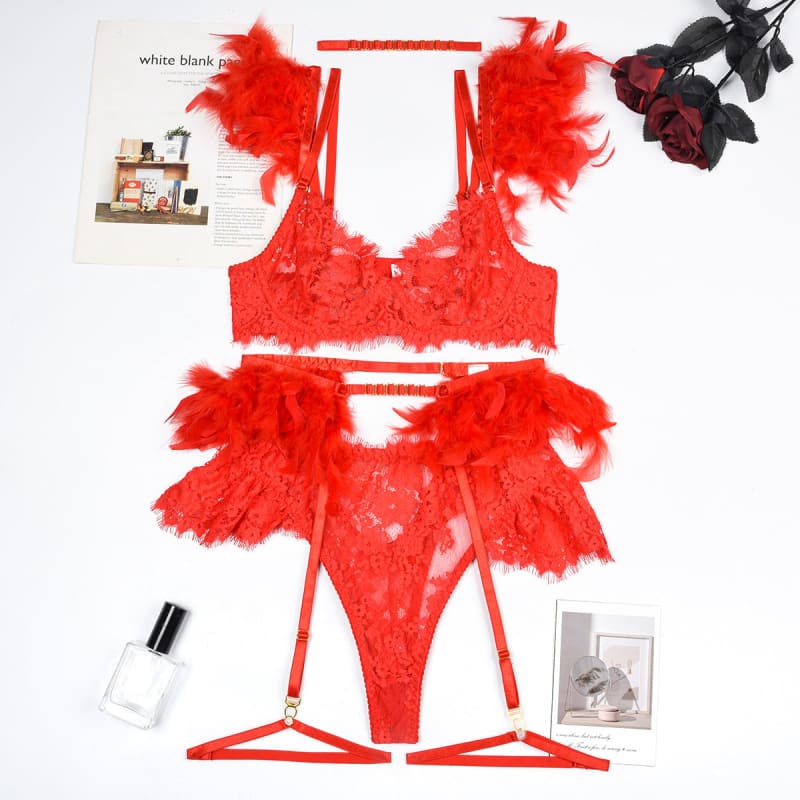 Feather And Lace Underwear Set | Elegant Lingerie - Bra Panty Set - Pleasures and Sins   Pleasures and Sins