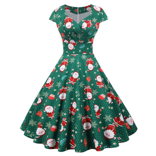 Christmas-themed vintage-style dress with a Santa Claus print pattern.