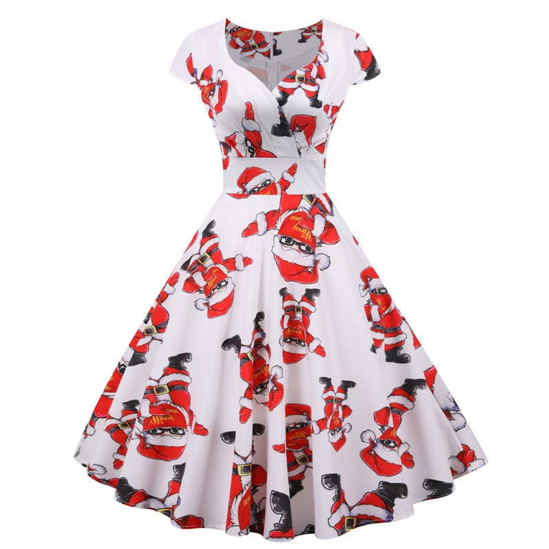 Vintage-style white dress with a festive Santa Claus print pattern.