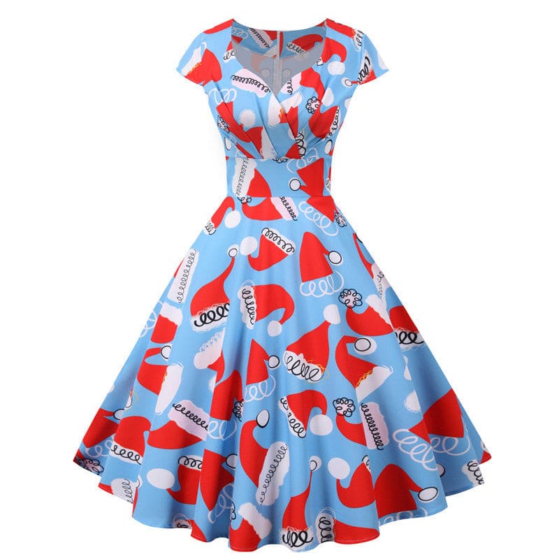 Vintage-style dress with a Christmas Santa hat print pattern on light blue fabric.