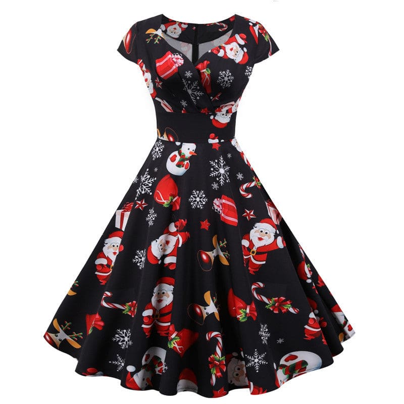 Christmas-themed vintage-style dress with a Santa Claus and snowflake print pattern.