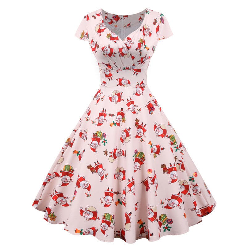 Vintage-style dress with a festive Santa Claus print pattern.