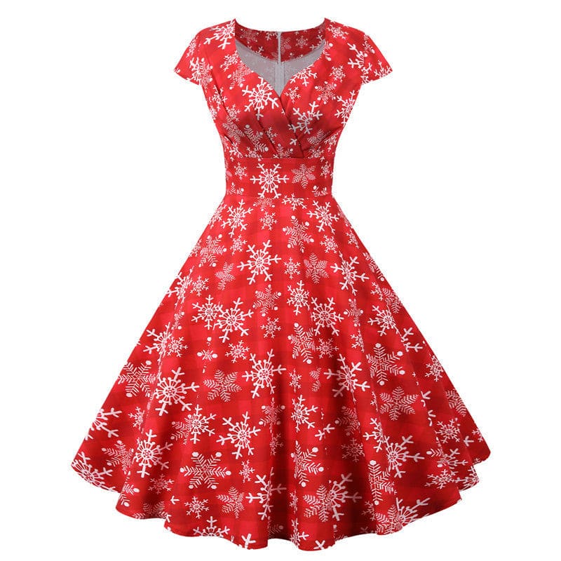 Red vintage-style dress with white snowflake pattern.