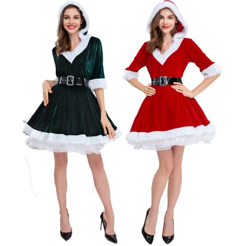 Christmas-themed costumes featuring a green dress and a red dress with white fur trim and black belts.