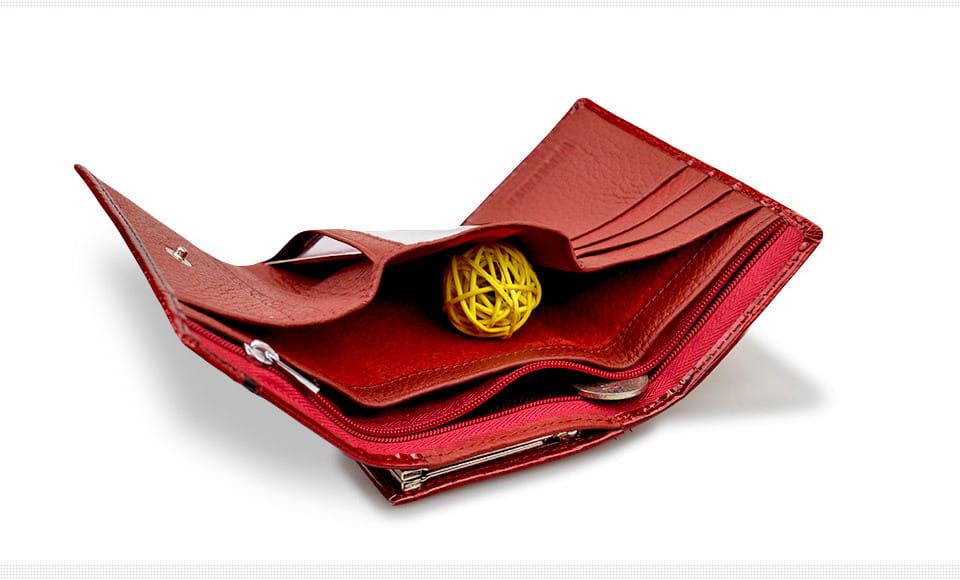 Wine Red Patent Leather Crocodile Print Purse showcasing a gold coin in its wallet.