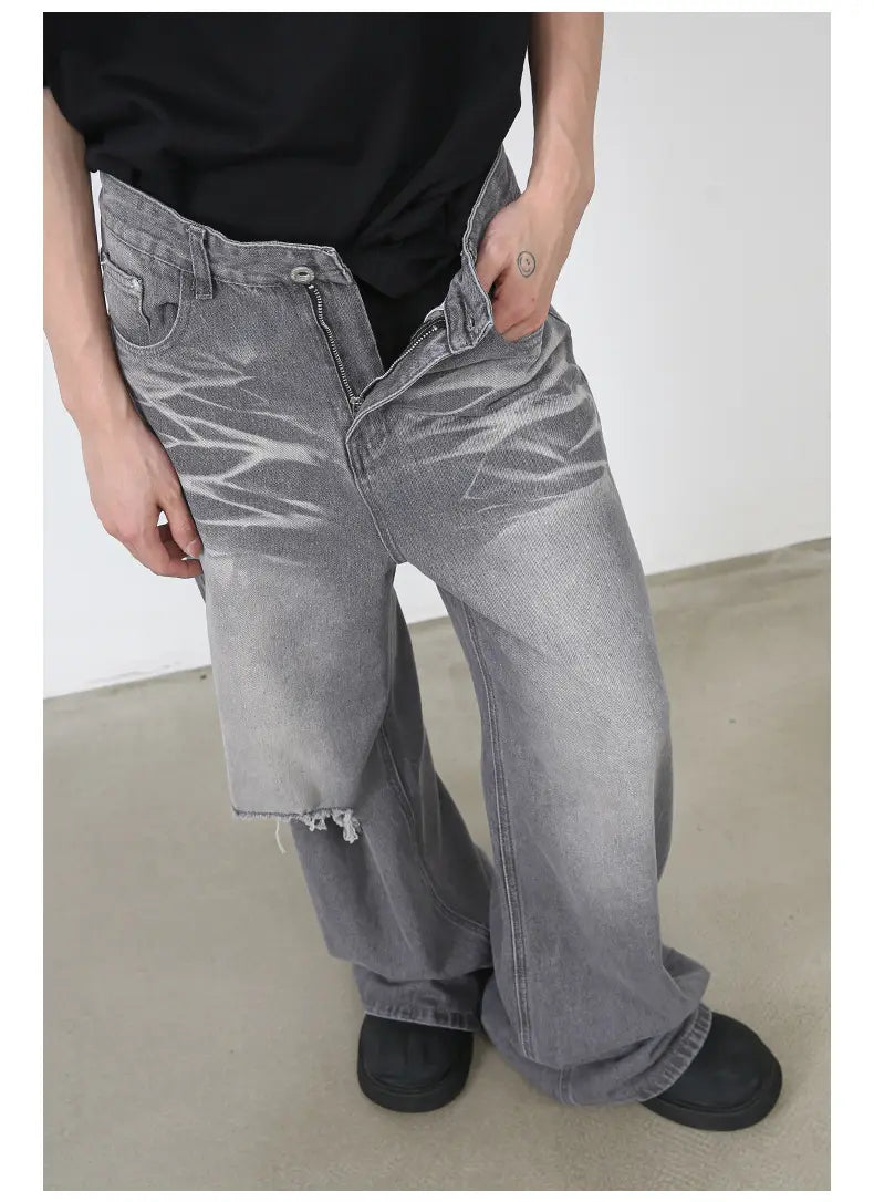 Homme Retro Washed Ripped Straight Loose Wide leg Jeans