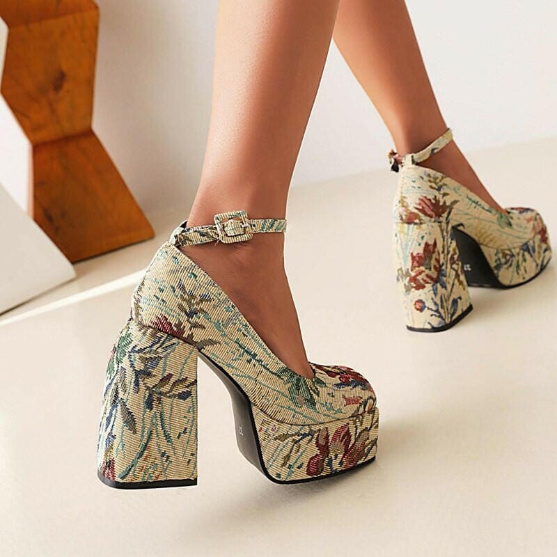 Floral Square Toe Platform High Heel Sandals