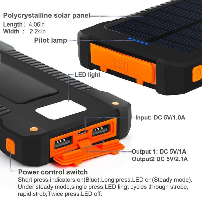 Smartphone LED Solar Power Bank Waterproof 2 USB