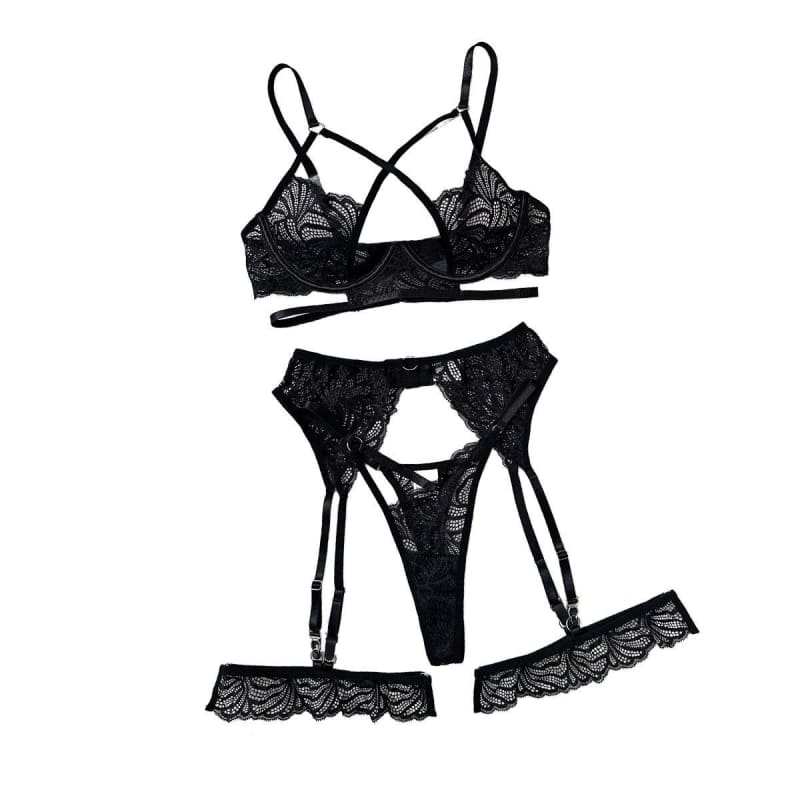 Four Piece Sexy Erotic Lingerie Set With Sexy Lace, Steel Ring Push Up Cross Ribbon Bra - Pleasures and Sins