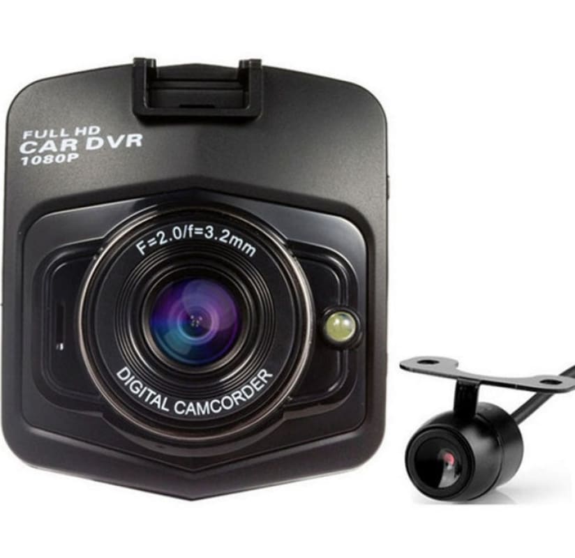 Compact car dashboard camera with an additional rear-view camera attachment.