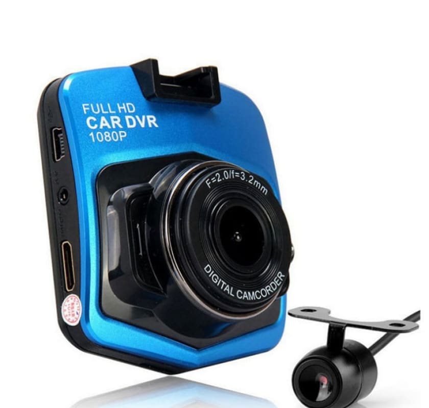 Full HD 1080p car dashboard camera with an additional rear-view camera attachment.