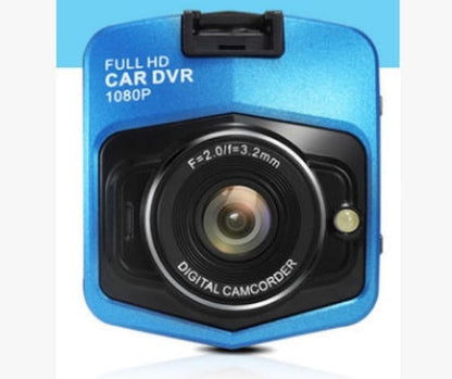 Compact blue and black car dashboard camera with ’Full HD Car DVR 1080p’ label.