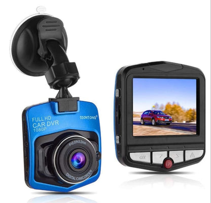 Dash camera with a blue front panel and separate display screen showing a car on a road.