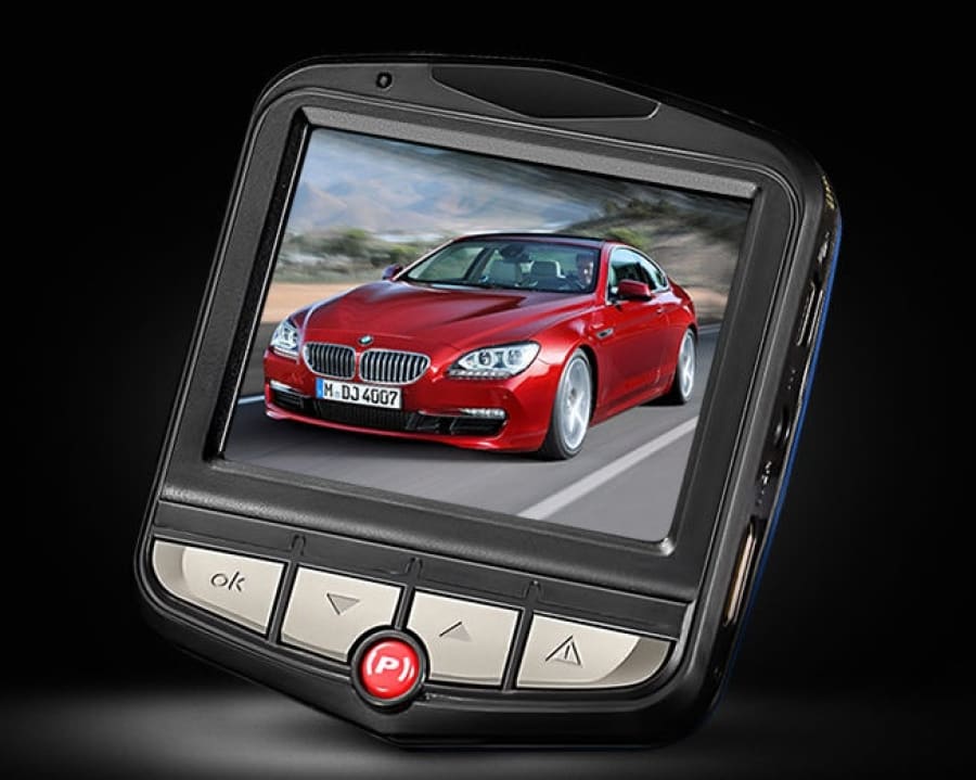 Dashboard camera displaying a red BMW car on its screen.