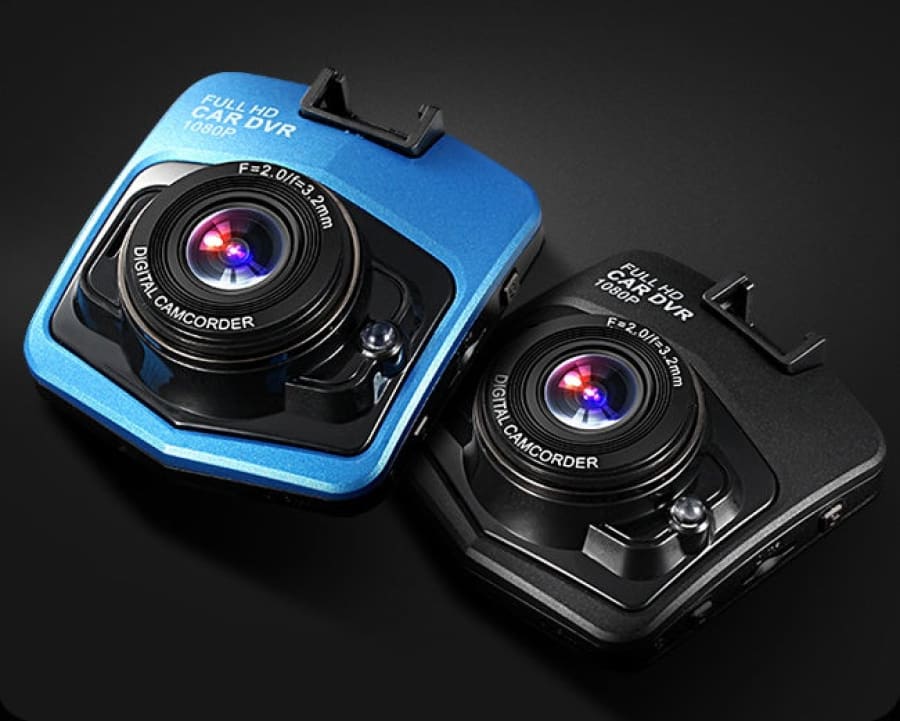 Two compact dashboard cameras, one blue and one black, with prominent lenses.