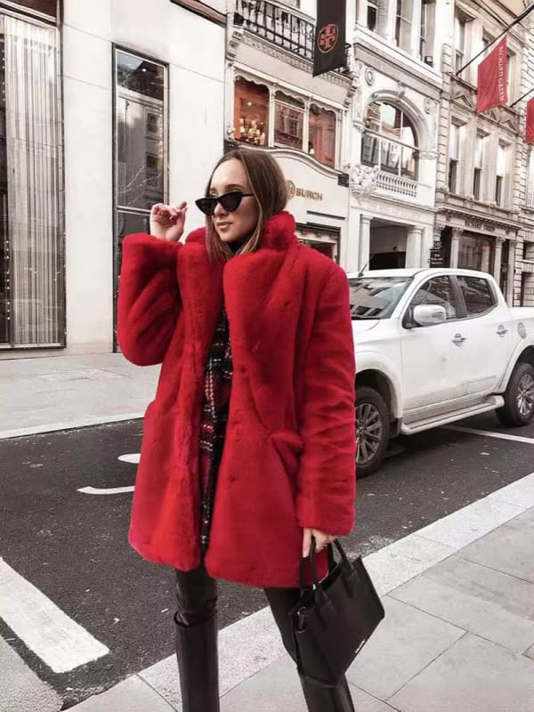 Fur Plush Warm Loose Jacket in Wine Red Color