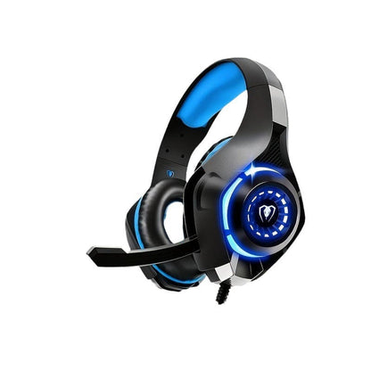 Gaming headset with blue LED lighting and attached microphone.