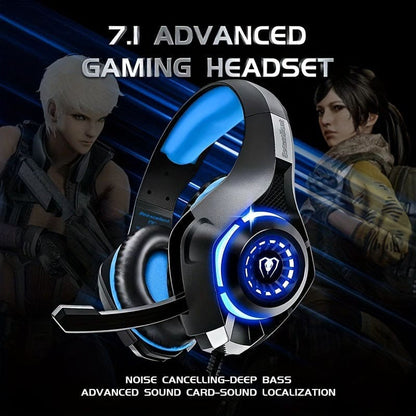 Gaming headset with blue LED lighting and a microphone.