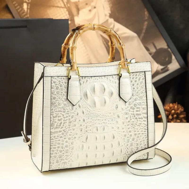 Genuine Leather Bamboo Handle Crocodile Pattern Handbag