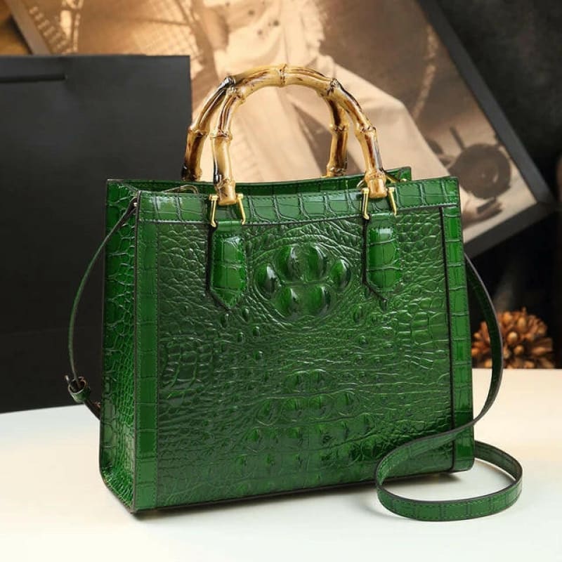 Genuine Leather Bamboo Handle Crocodile Pattern Handbag