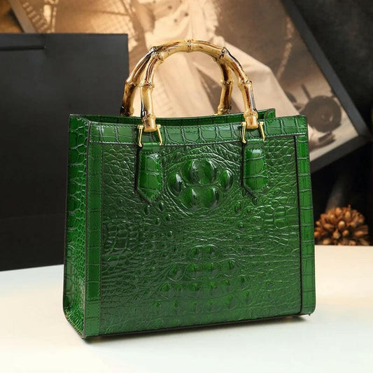 Genuine Leather Bamboo Handle Crocodile Pattern Handbag