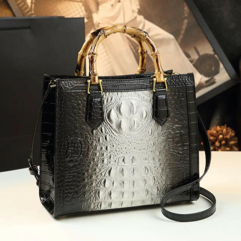 Genuine Leather Bamboo Handle Crocodile Pattern Handbag